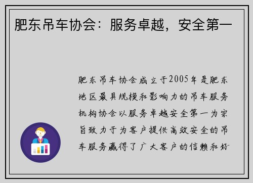 肥东吊车协会：服务卓越，安全第一